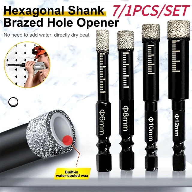 7/1 SZT. Wiertła diamentowe suche 5-16mm z chwytem sześciokątnym, wewnętrzne chłodzenie woskiem, lutowane diamentowe otwornice do szkła, płytek, betonu, zestaw narzędzi do wiercenia