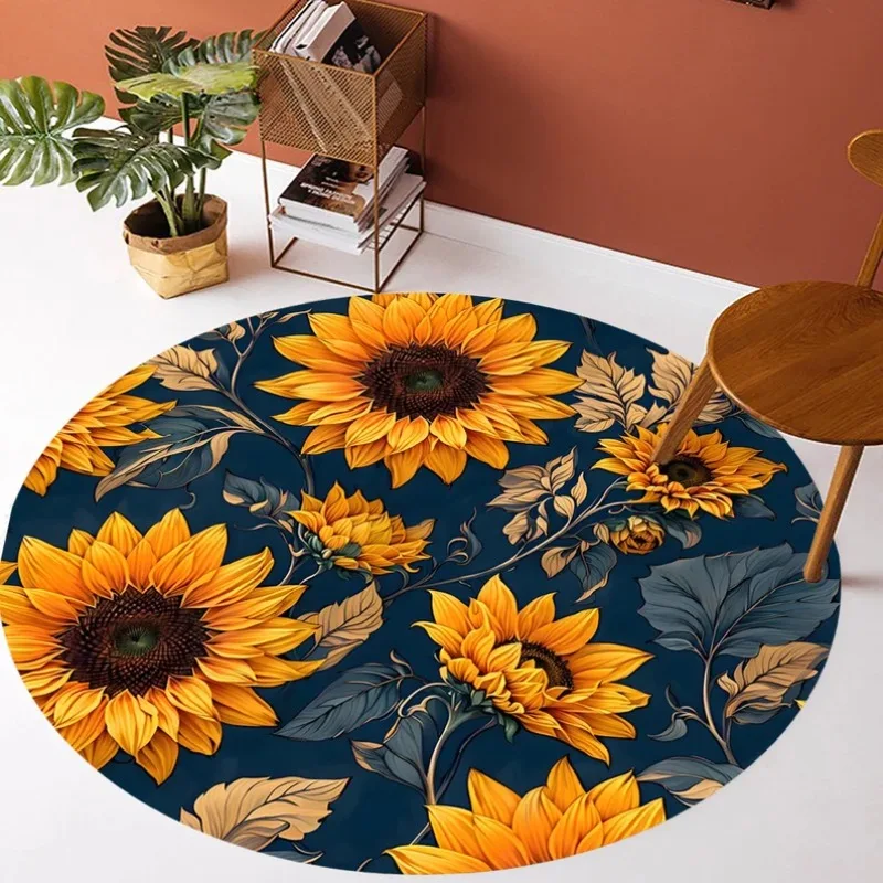 Colorful Sunflower Round Rug – Boho Sunrise Floral Design Water-Absorbing Anti-Slip Mat for Living Room Home Decor