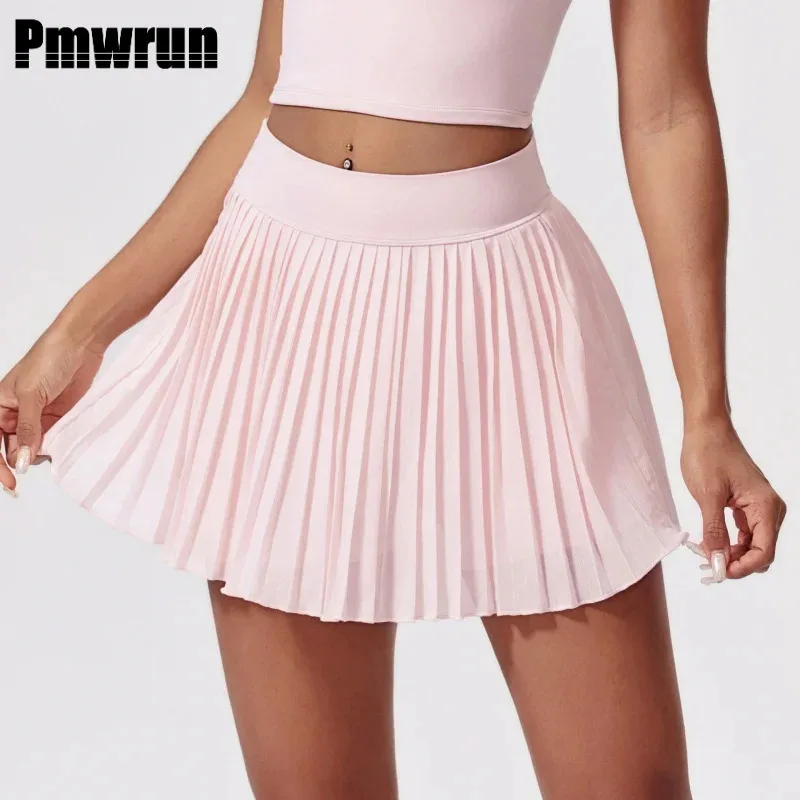 

PMWRUN 2025 Women's Skirt Elastic High Waist Slimming Yoga Tennis Skirt Pants Anti-exposure Pocket Casual Pleated Skirt Shorts