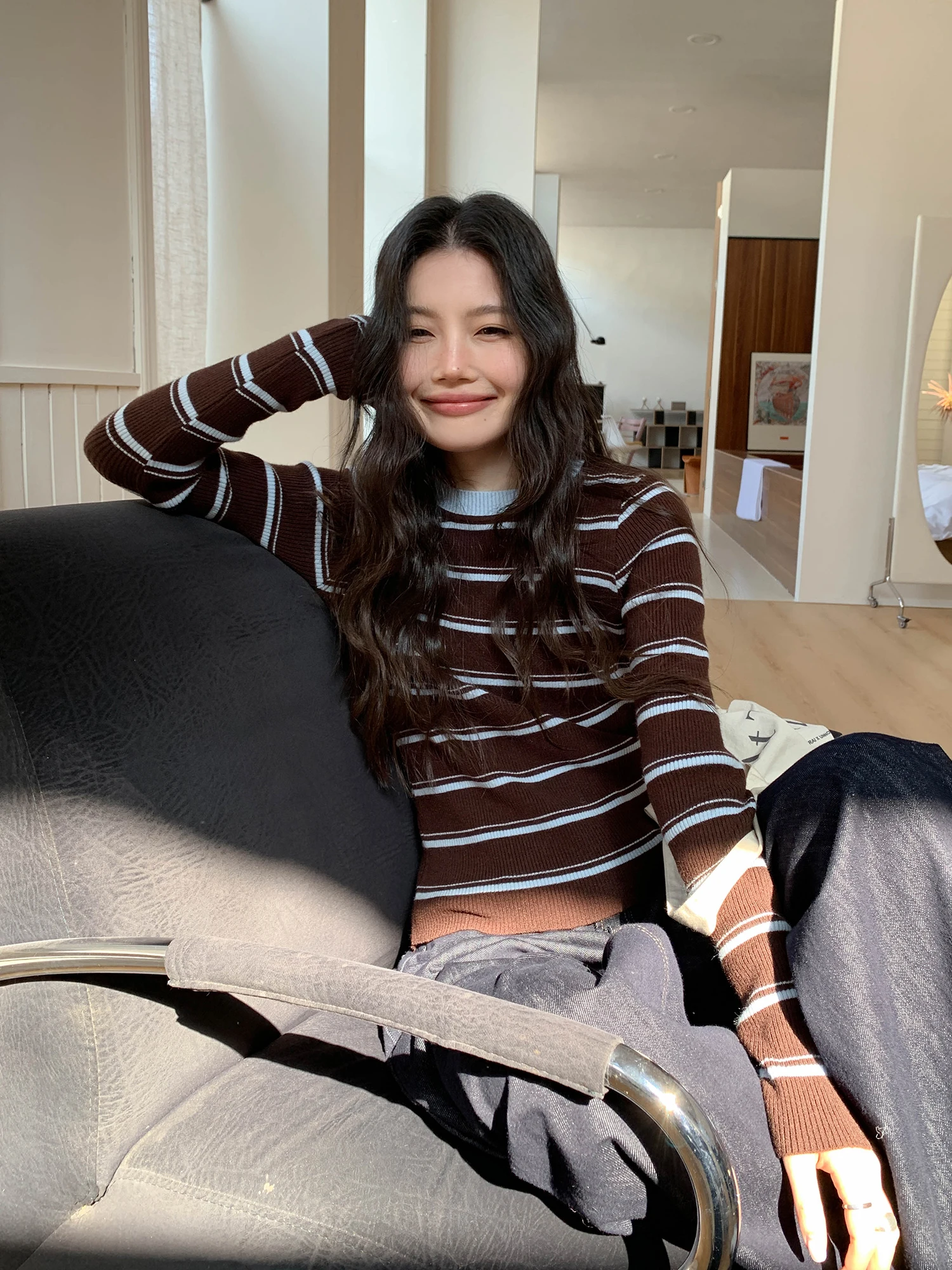 

Faionable Korean Sle Color Blo Striped Knitted Base irt Women's Long Sve round Ne Pullover Spring Season Regular...