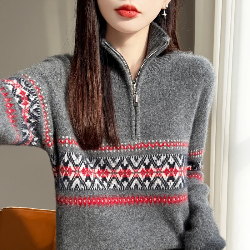 High Quality Women's Jacquard Pullover Sweater 100%Merino Wool Turtleneck Autumn Winter Thick Soft Warm Knitwear Female Clothing