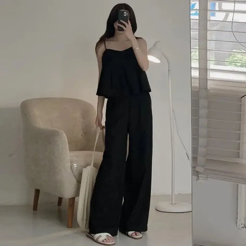 

Summer Trendy Women's French Square Collar Camisole And Wide Leg Pants Set Solid Color High Waist All-match Casual Outfit