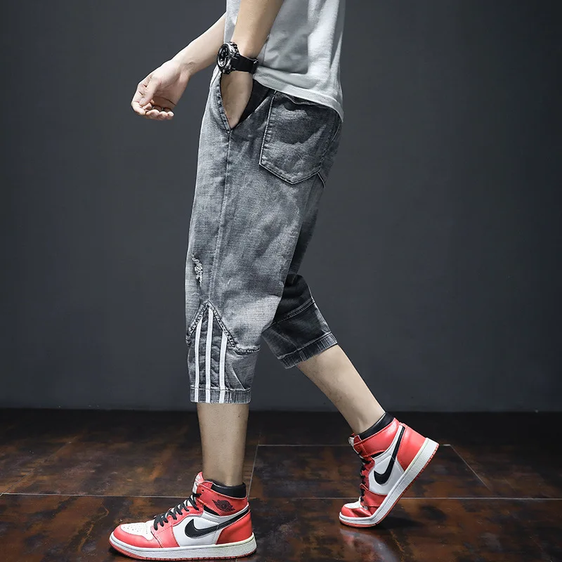 Cropped Denim Shorts Holes Korean Fashion Loose Summer Leisure Harlan Thin Calf -length Pants Streetwear Designer Jeans for Men