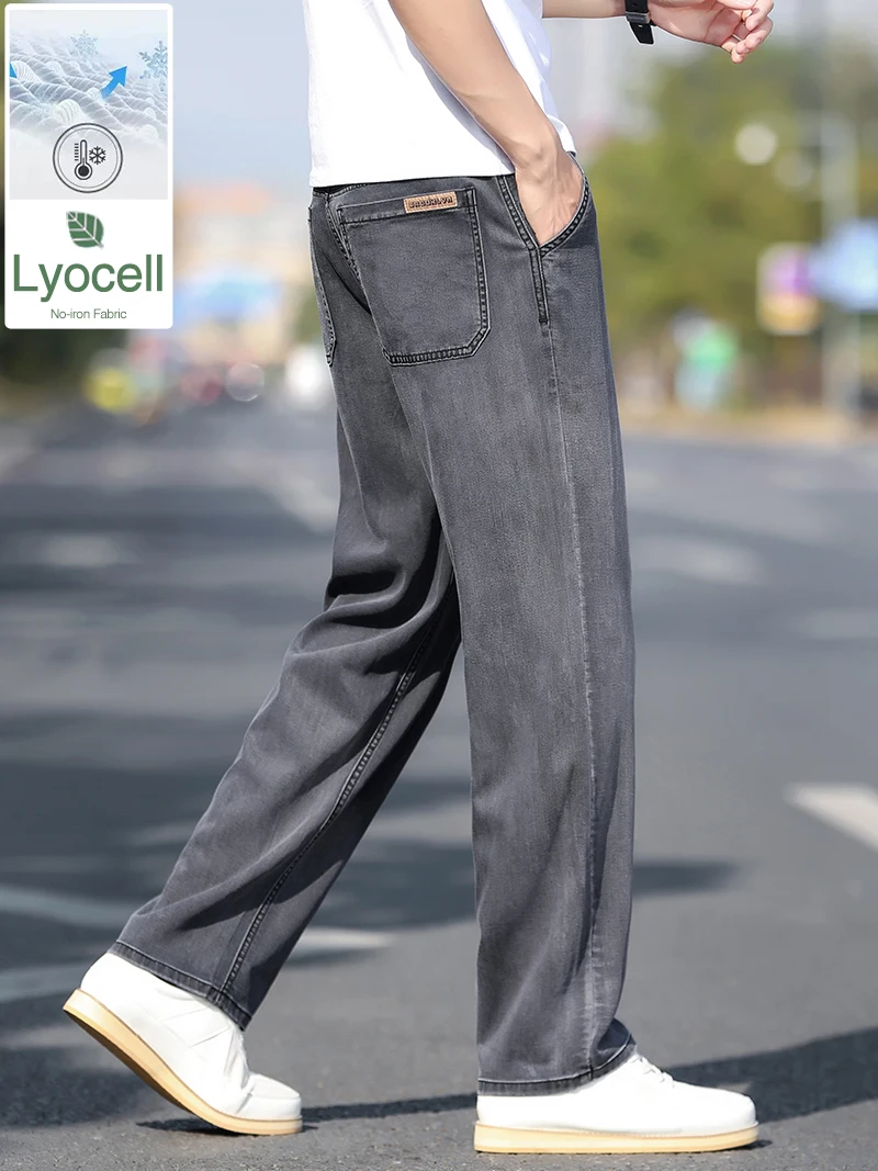 

Summer Thin Lyocell Men's Jeans Fashionable Loose Straight Pants Breathable Soft Casual Business Workwear Black Gray Trousers