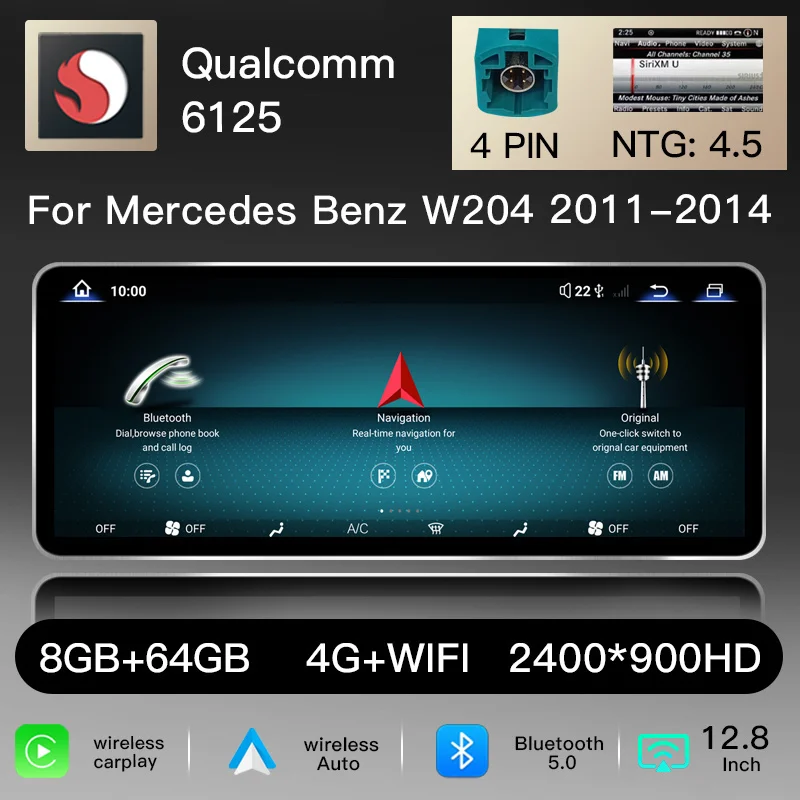 12,8" 2400*900 Snapdragon 6125 Draadloze CarPlay Android 14 Autoradio voor Mercedes Benz C-Klasse W204 S204 4.0 /4.5 2008-2018 Multimedia GPS Navigatie Head Unit Stereo Audio BT WiFi 4G