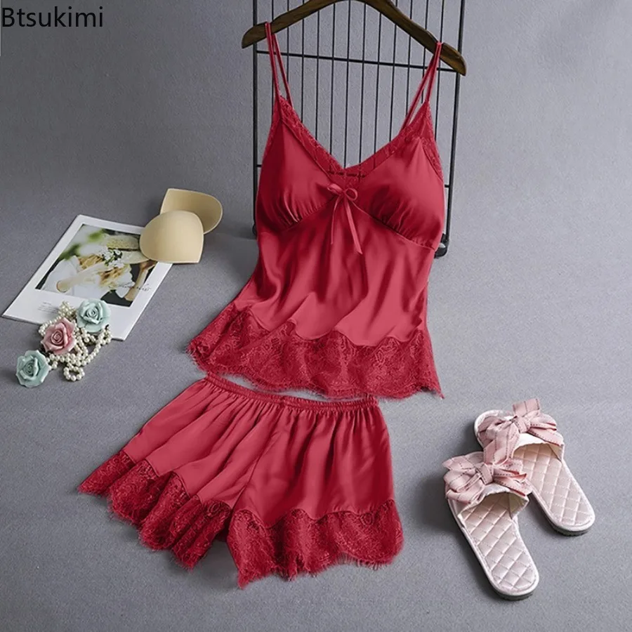 New 2026 Women's Summer Lace Trim Home Clothing Satin Pijamas Suit Sexy Suspender Cami Shorts Two Piece Set Solid Color Pyjamas