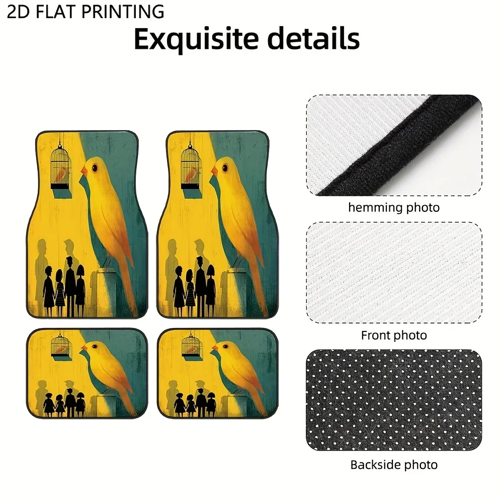 4pcs, Captive Bird & Family Silhouette Pattern Car Floor Mats, Durable, NonSlip, Easy To Clean, Easy To Install, Suitable For Se