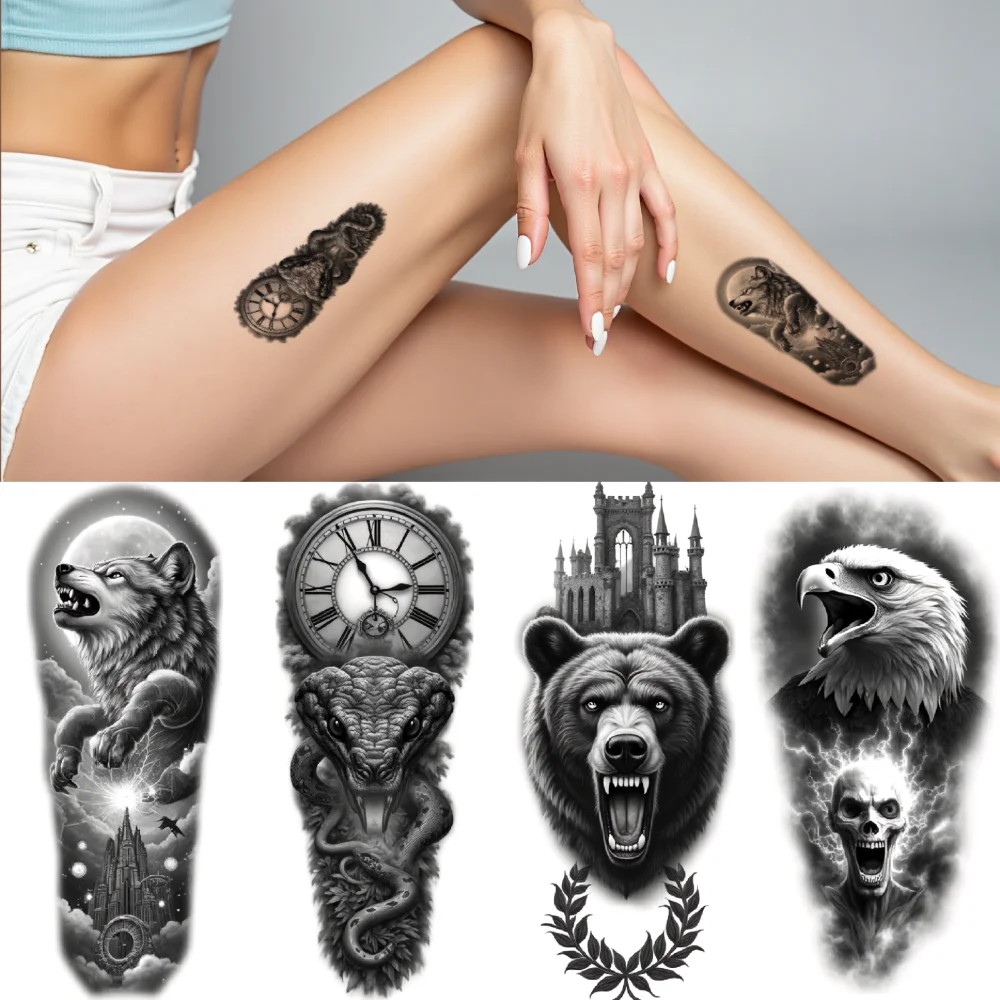 

Временные татуировки, водостойкие долговечные наклейки для тела, лев, компас, тигр, роза, единорог для мужской руки, бедра