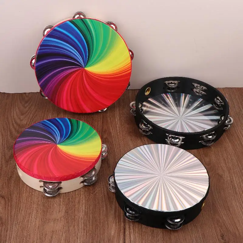 4/6/8/10inch Wooden Tambourine Handbell Hand Drum Single/Double Row Jingles Drum Head Percussion Instrument KTV Instrument