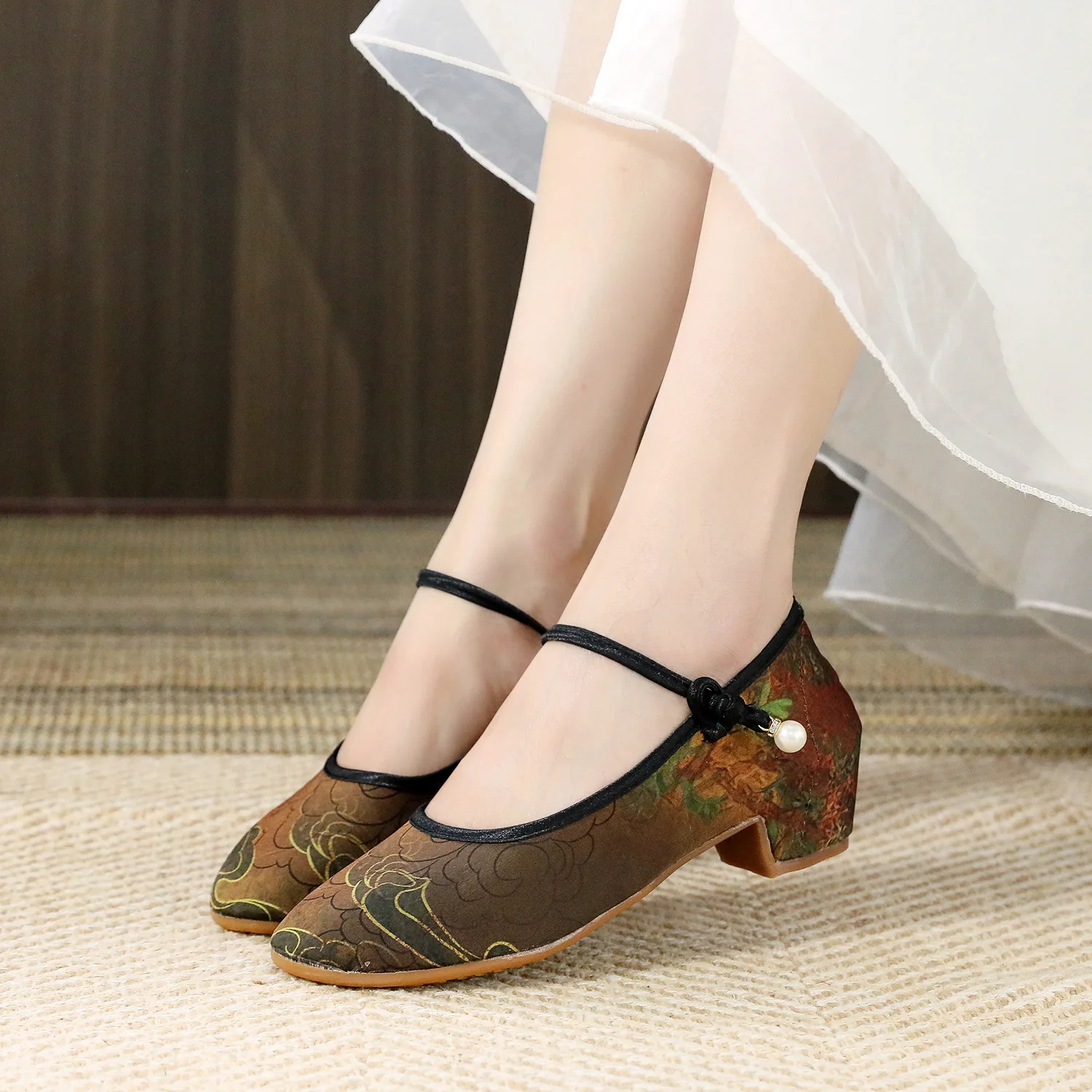 34-40 Ethnic Style Low Heel Cloth Shoes Women Comfortable Cheongsam Hanfu Shoes Block Heel Canvas Pumps Ankle Strap Cotton Shoes