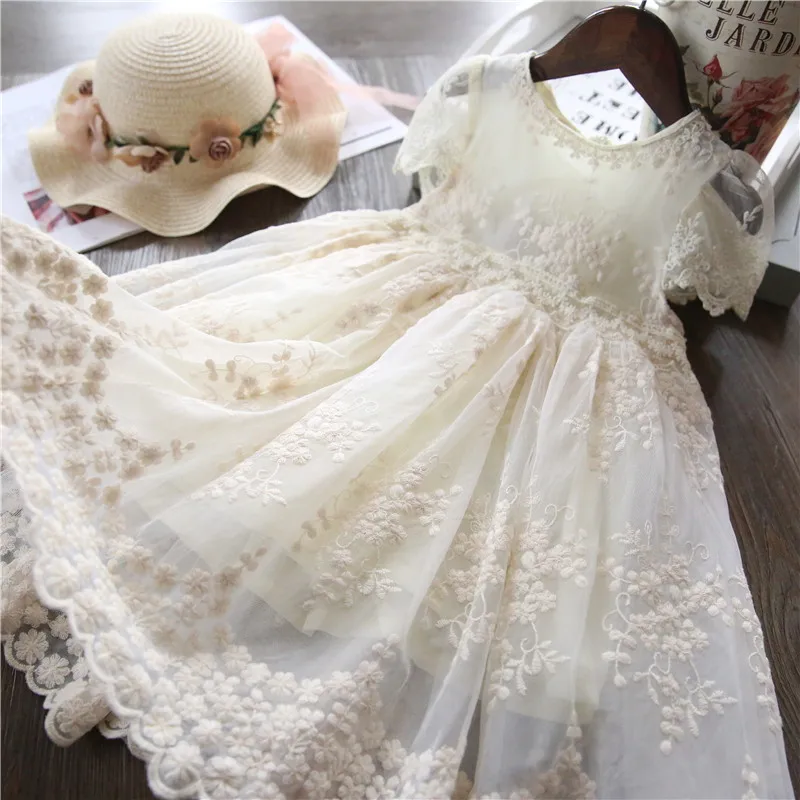 Lace Dress for Kid Girl White Wedding Evening Birthday Party Princess Dresses Tulle Kids Clothes Summer Dress for Elegant Girls