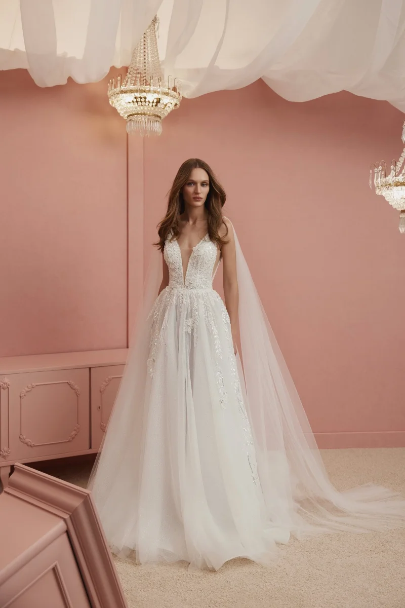 

Elegant White Princess Wedding Dress, Sleeveless V-Neck Sexy, Romantic Train Wedding Gown, Customizable.