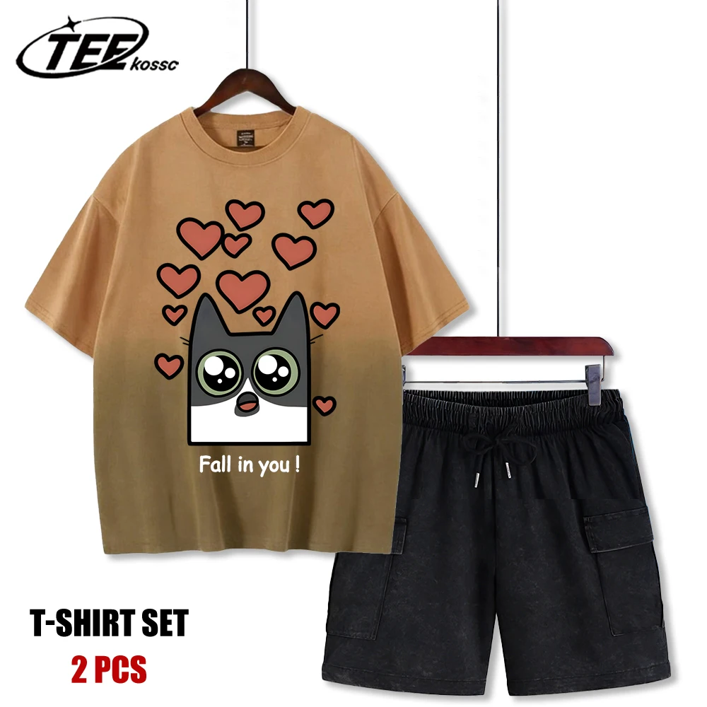 Fall In Love You Cat Print Men Tie-Dye Tee Shirt Casual Cotton T-Shirt Breathable Short Sleeve Unisex Creative Soft Top Set