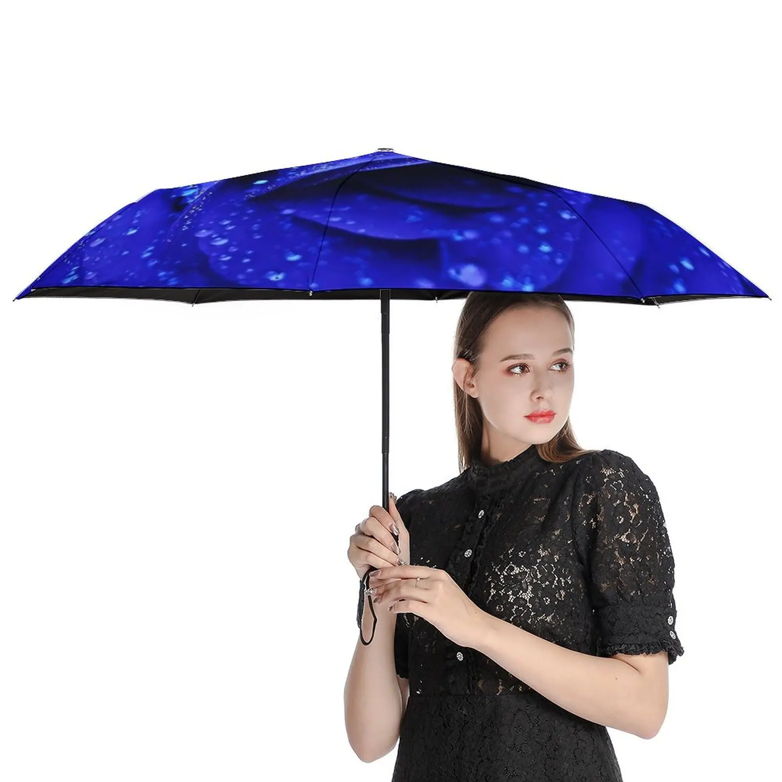 Blue Fower Umbrella Rose Print Waterproof Automatic Umbrella Unique Painting Portable Beach Umbrella