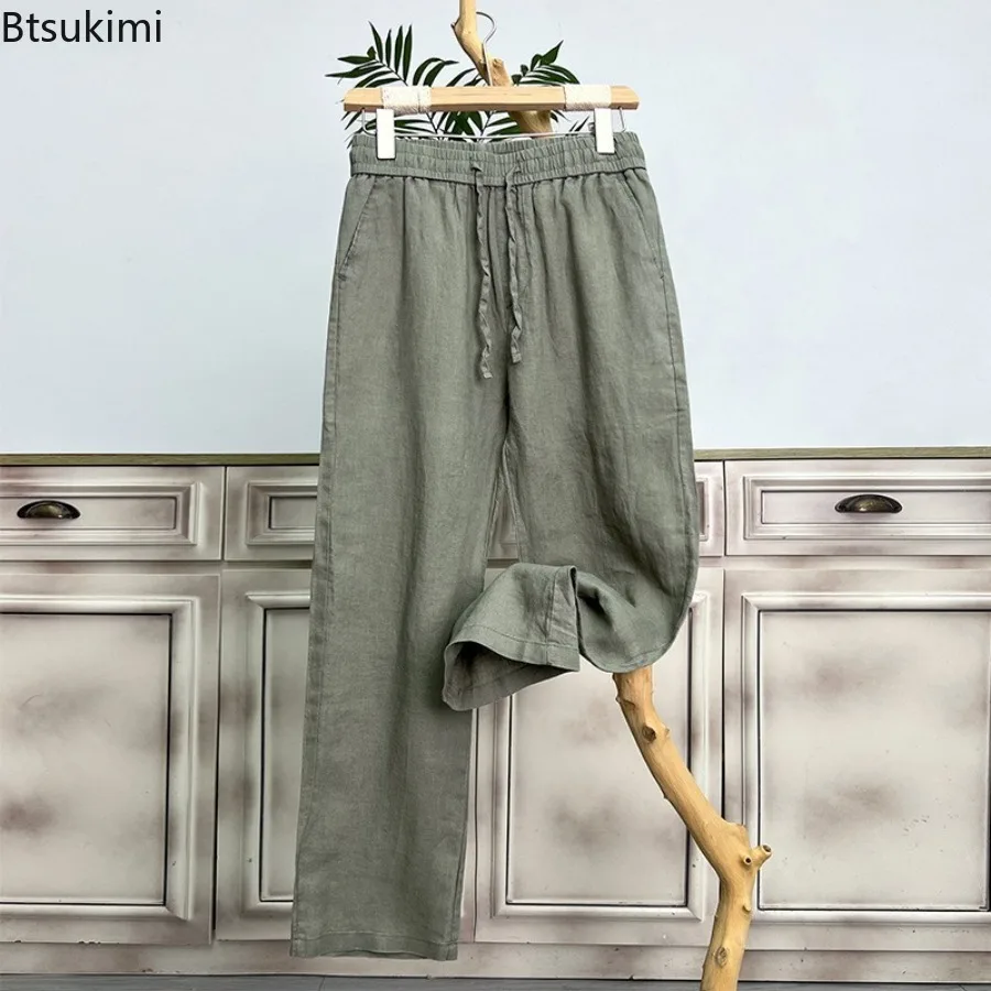 2025 Summer White Men's Cotton Linen Pants Male Autumn New Breathable Solid Color Linen Trousers Loose Streetwear Baggy Pants