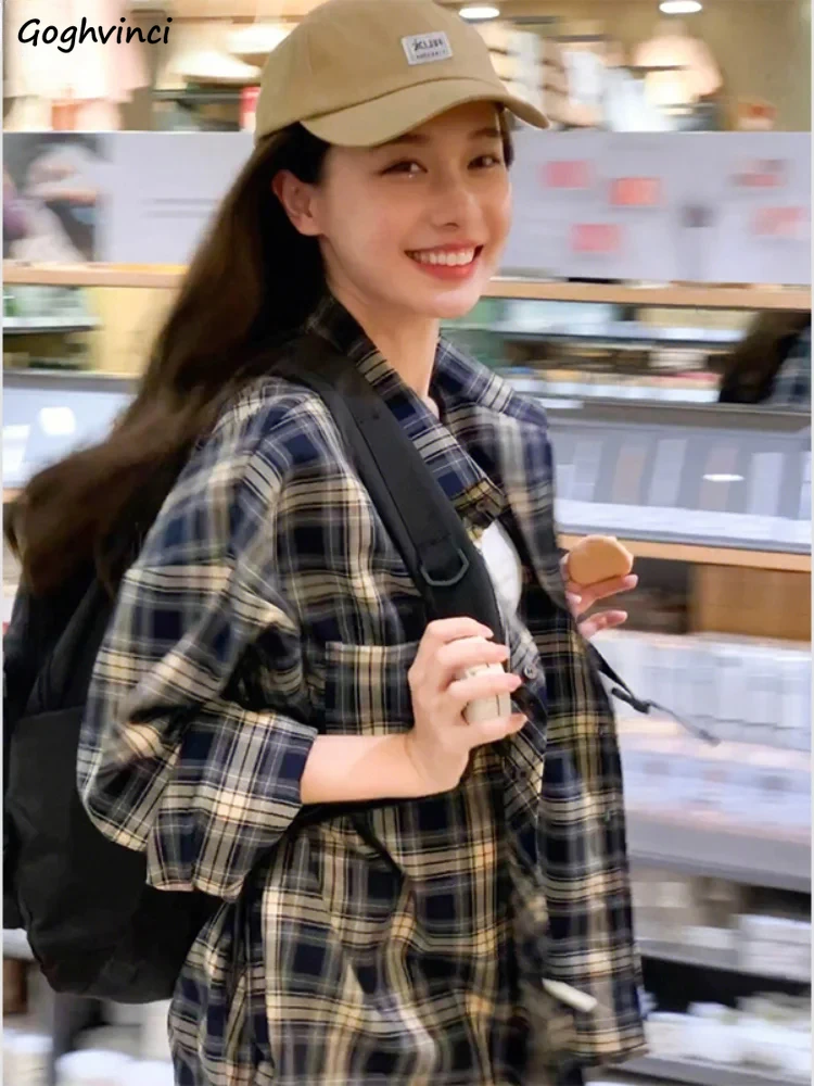 

Plaid Shirts Women Loose Casual Vintage All-match Spring Students Ulzzang Style Fashion Classic Chemise Femme Long-sleeve Daily