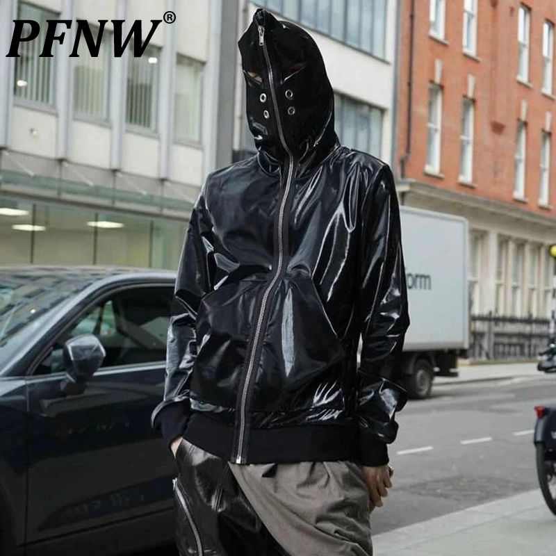 PFNW Runway Style Men\'s Darkwear New Glossy Zipper Hooded Black Jacket Unisex Long Sleeve Flutter Masked Coat Tide 2024 28W5607