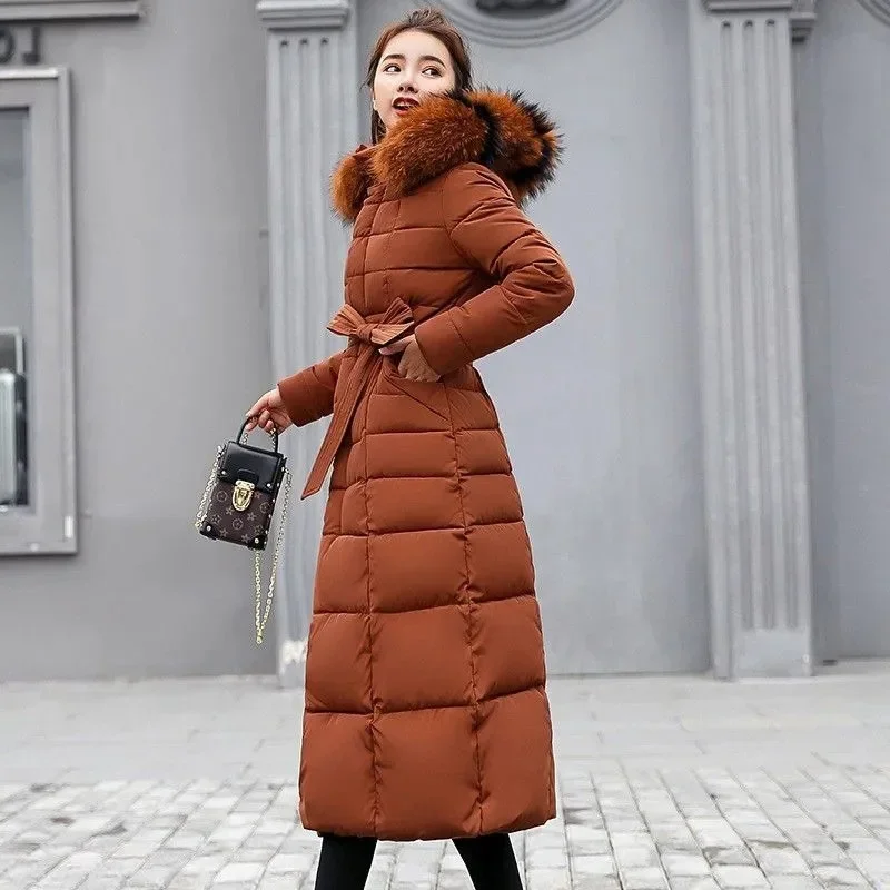 2025 nova jaqueta de inverno feminina parkas gola de pele com capuz algodão acolchoado casaco longo coreano solto quente engrossar outwear