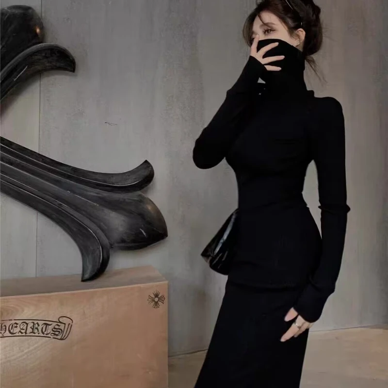 Turtleneck Black Dresses Women Solid Skinny Ladies Clothing Autumn Ankle-length Bodycon Long Sleeve Sexy Warm Fashion Trumpet