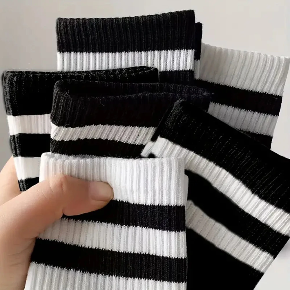 6/12 Pairs High Quality Men\'s Stripe Round Neck Socks Breathable Ball Sports Middle-Tube Socks Fashion Women Cotton Simple Socks