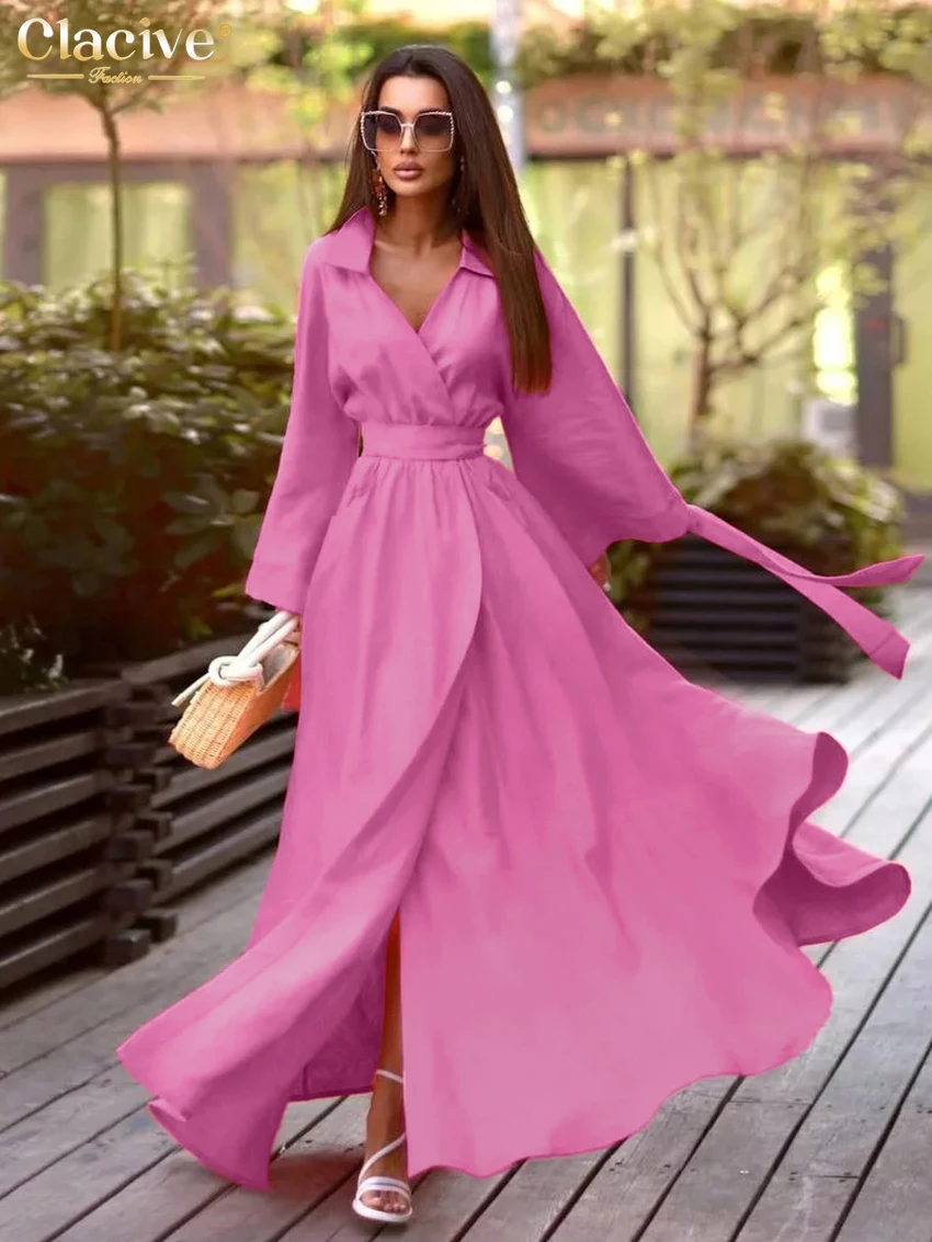 Clacive Fashion Loose Pink Linen Women\'s Dress Elegant Lapel Long Sleeve Ankle Length Dresses Casual Lace-Up Slit Female Dress