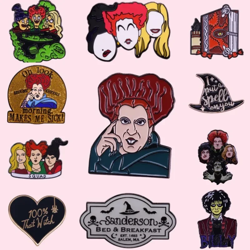 Movies Enamel Pins Sanders0n Sisters Halloween Saints Billy Butchers0n Lapel Hat Brooches 100% Witch Spell Book Badges Wholesale