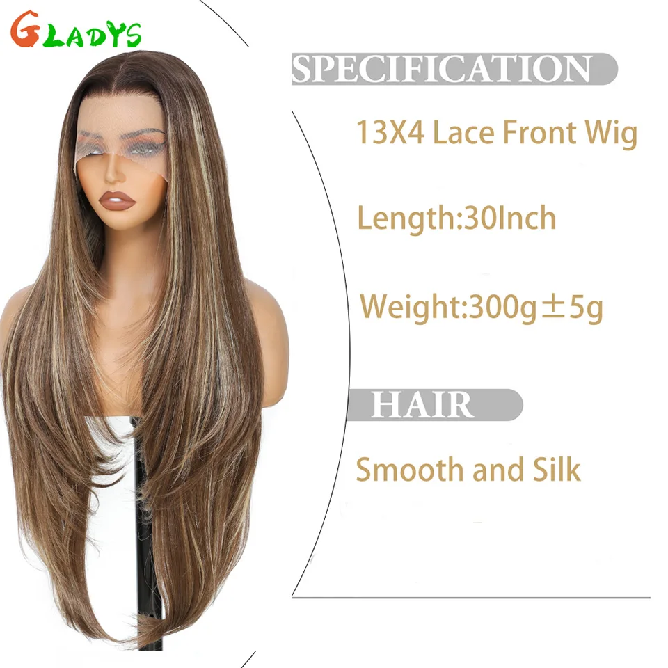 Gladys 30 Zoll Peruca de Cabelo Liso Front Lace 320g - Cor Marrom Claro