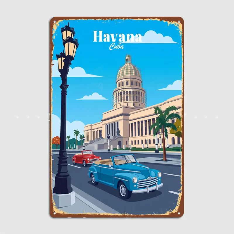Havana and Capitol Building Travel Poster Metal Posters Living Sign Indoor Outdoor Room Decoration Home Bar Decor Wall Decor