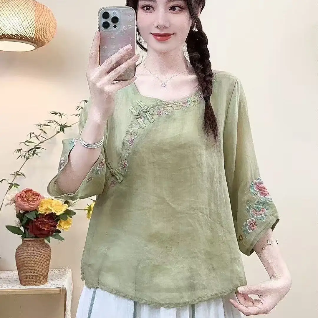 New Women's Clothing Summer Cotton And Linen Diagonal Embroidered Top Buckle Chinese National Embroidery Retro Tea Clothes Shirt