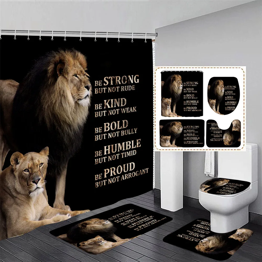 Black Lion Shower Curtain Set Wild Animal Motivational Quote Bathroom Curtains Non-Slip Bath Mat Rug Toilet Lid Cover Home Decor