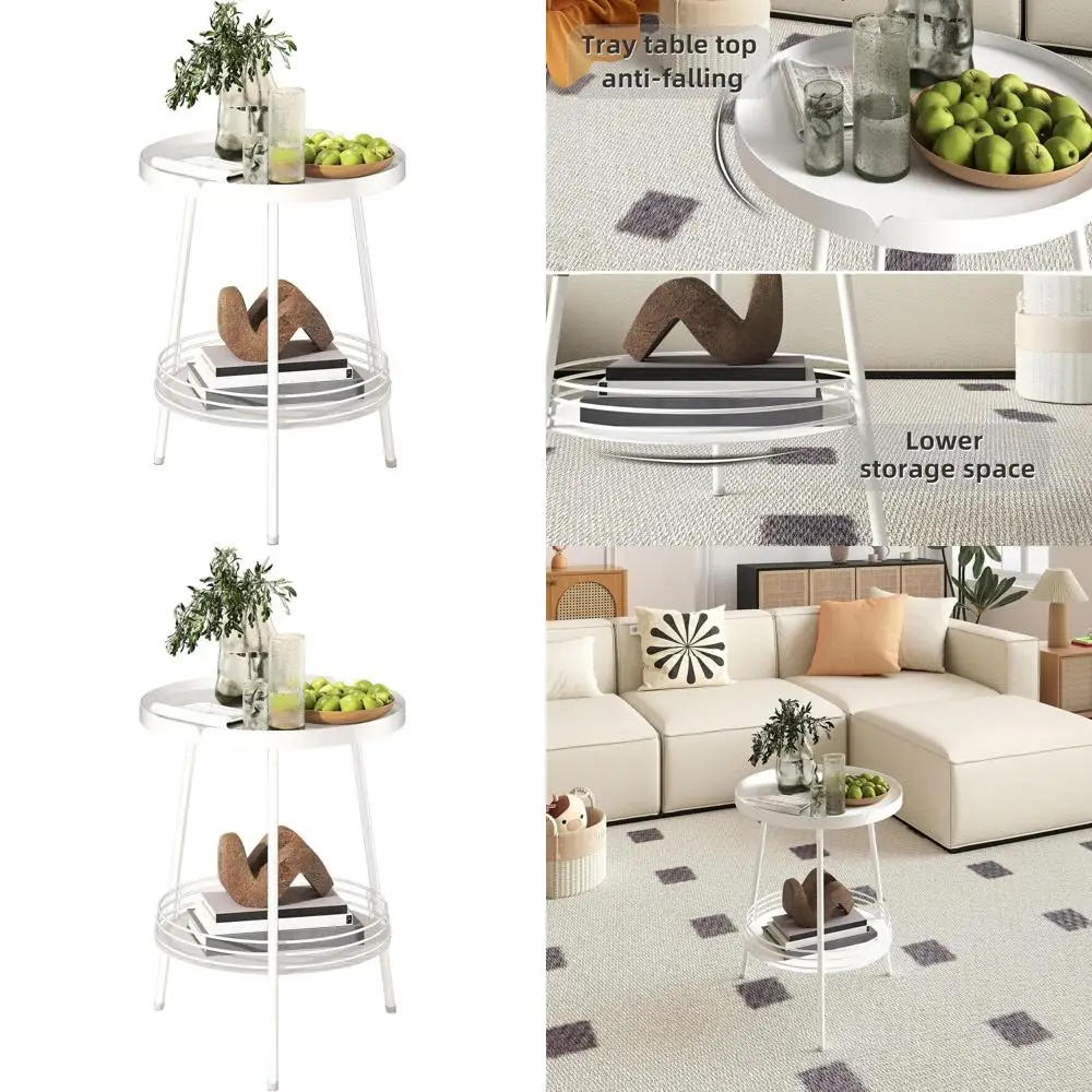 

Белый металлический круглый приставной столик с 2-мя ярусами и полками для хранения для гостиной и спальни