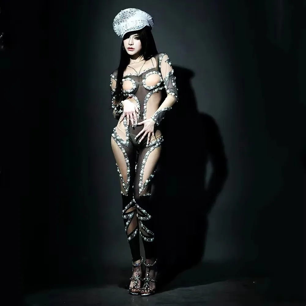 Frauen Sexy Mesh Perle Kristall Overall Hochwertige Bühne Leistung Trikot Nachtclub Party Sänger Tänzer Drag Queen Kostüm