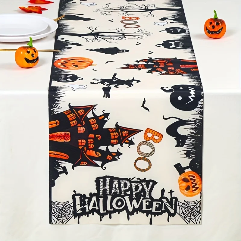 Halloween Table Runner - Classic Linen Decor with Spooky Black Cat, Pumpkin House, and Bats - Festive Boo House Branch Design