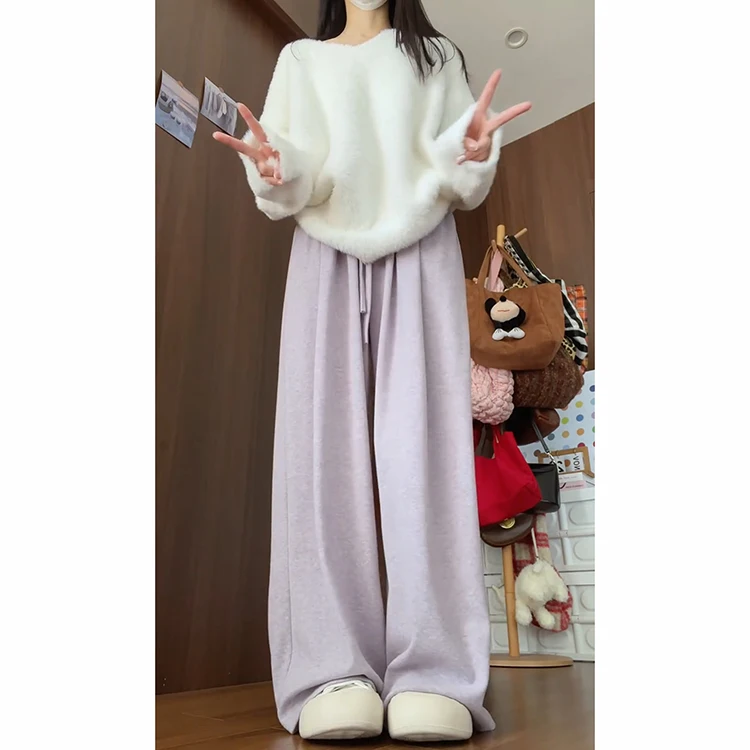 الأرجواني عالية الخصر محبوك لينة Dra مستقيم الساق السراويل النسائية الخريف الشتاء جديد كسول Sle الأرز المعكرونة السراويل بناطيل كاجوال