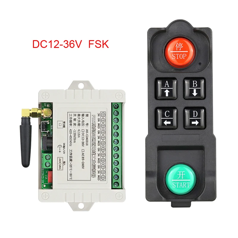 

Беспроводной пульт дистанционного управления (приемник-передатчик) с 4 каналами, 10А, 420-450 МГц, FSK/FHSS, для двигателей и освещения, 12В/24В/36В постоянного тока