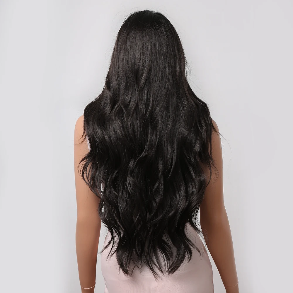 Long Wavy Synthetic Wigs for Black Women Dark Brown Wig Natural Middle Parting Wavy Daily Cosplay Hair Heat Resistant