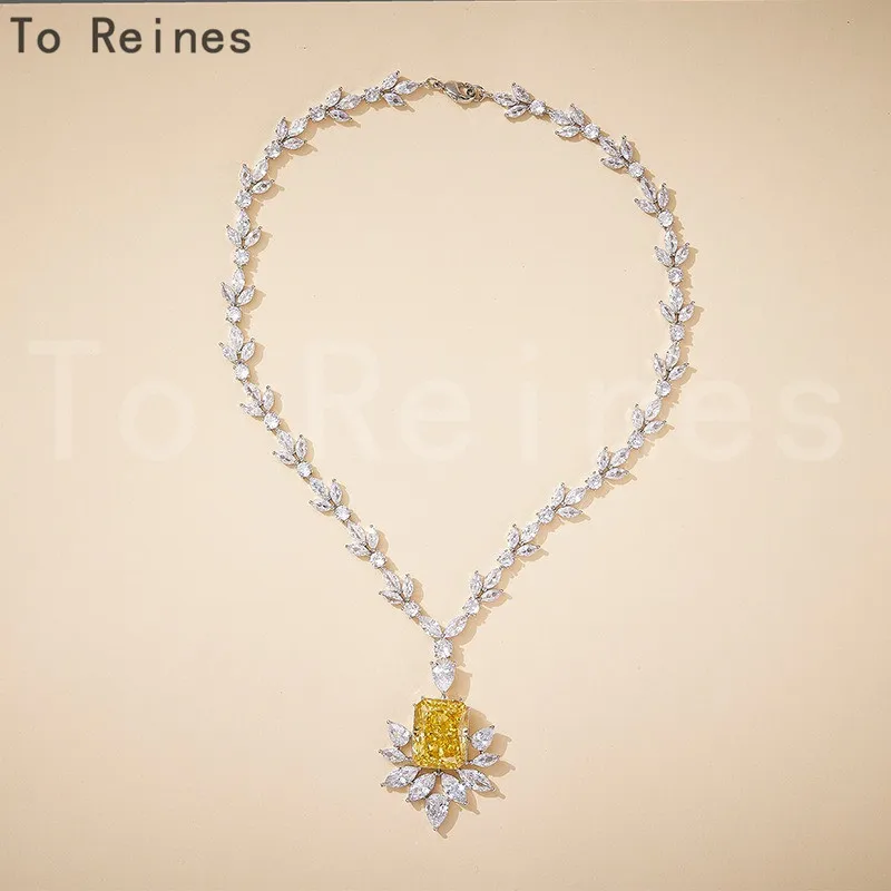 

To Reines 2024 New S925 Silver Necklace Yellow Diamond Pendant Ice Flower Cut Luxury Necklace Female Jewelry AAA Zircon Choker