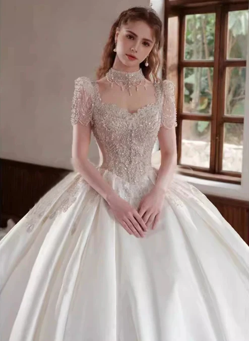 تخصيص ZJ4052 سباركلي كم طويل فستان الزفاف جديد بسيط زائدة الساتان الدانتيل والتطريز فساتين زفاف Vestido Noiva Plus #2