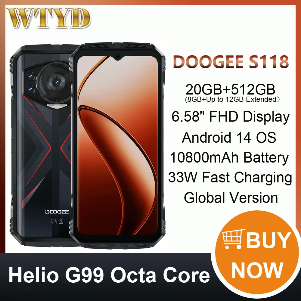 DOOGEE S118 Rugged Phone 20GB+512GB 50MP Camera 6.58'' Android 14 MediaTek Helio G99 Octa Core 4G NFC Smartphone