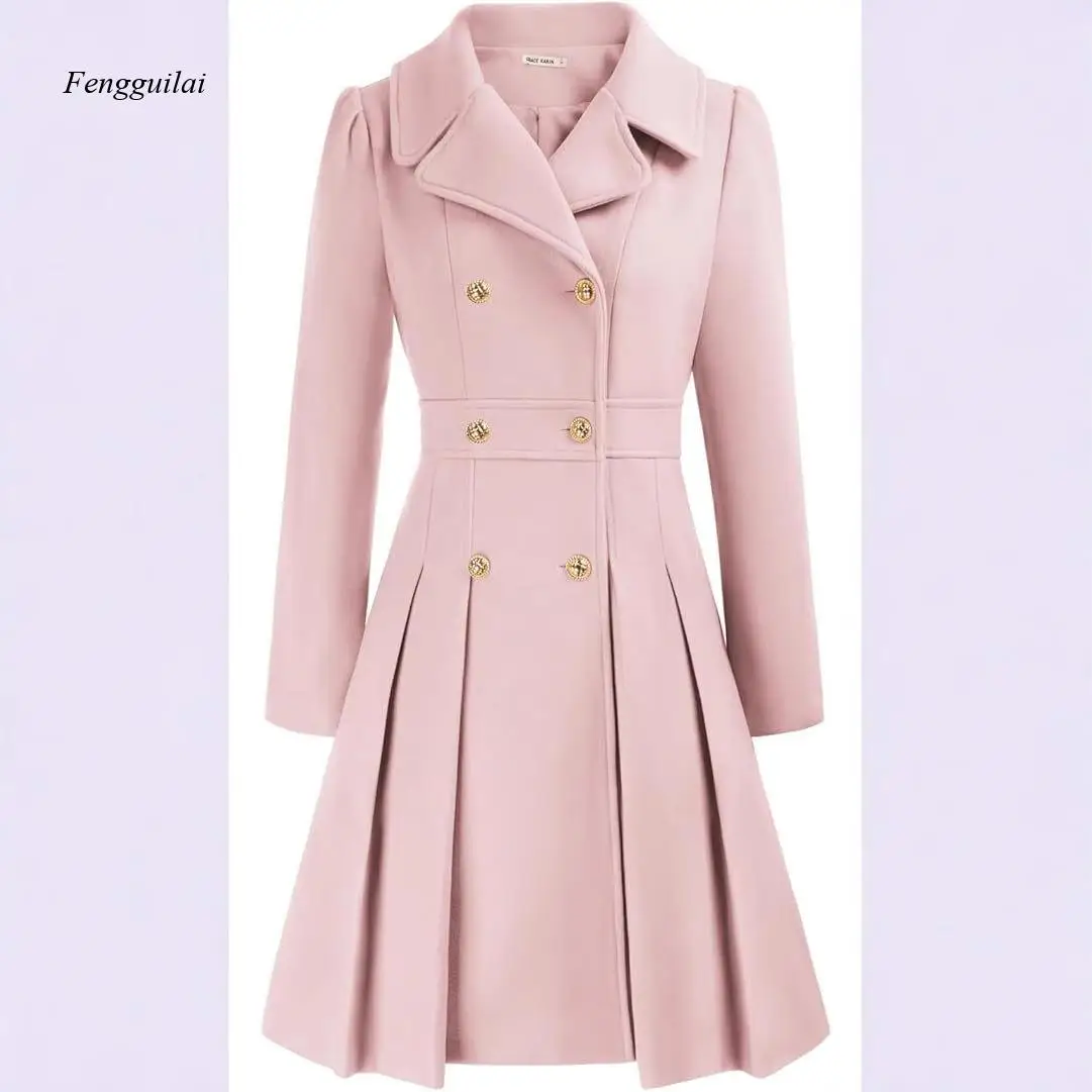 Eleganter Damen-Wollmantel in Rosa mit Rocksaum - Doppelreihig mit Goldknöpfen und Ausgestelltem Saum für Wintermode & Besondere Anlässe