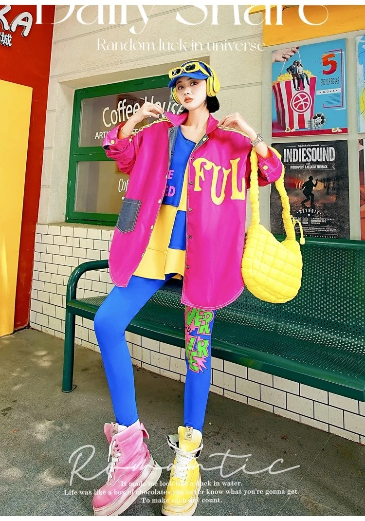 Rose Red Colorful Letter Casual Shirt Women Spring Autumn Blue Contrast Pocket Trendy Loose Sun Protection Jacket Reversible