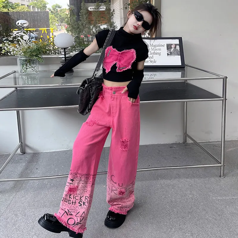 Young Girl Clothing Sets Removable Long Sleeves Butterfly Tops+Letter Gradient Wide Leg Pants Suits Fashion Hip Hop Teen Clothes