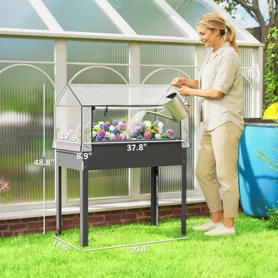 Elevated Garden Box with Greenhouse Cover, Raised Garden Bed with Legs and Drainage Hole for Vegetables, Dark Gray
