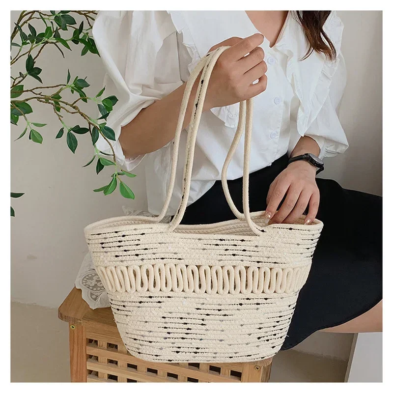 New Tidal Cotton Thread Beach Bag Grass Woven Women's Large Capacity Shoulder Bag Home and Daily Messenger Bag