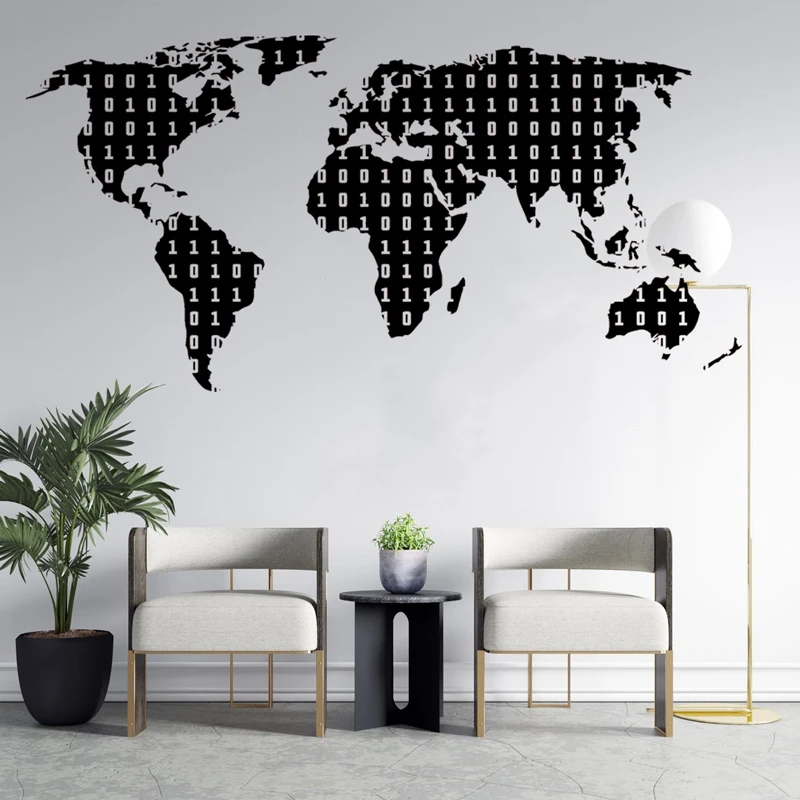 ثنائي تكنولوجيا الرمز ملصق مائي خريطة العالم تكنولوجيا المكتب الفينيل ديكور الجدار ملصق الكمبيوتر IT ملصق مزخرفة جدارية