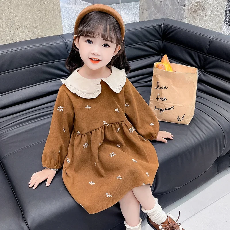 Girls Dresses Fashionable Western Style Doll Neck Dress Spring and Autumn 2024 New Model Baby Girl Long Sleeved Princess Dress