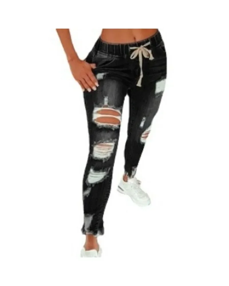 Women Drawstring Elastic Waist Skinny Jeans Ripped Distressed Frayed Hem Denim Pants Casual Slim Fit Jogger Denim Trousers view 2