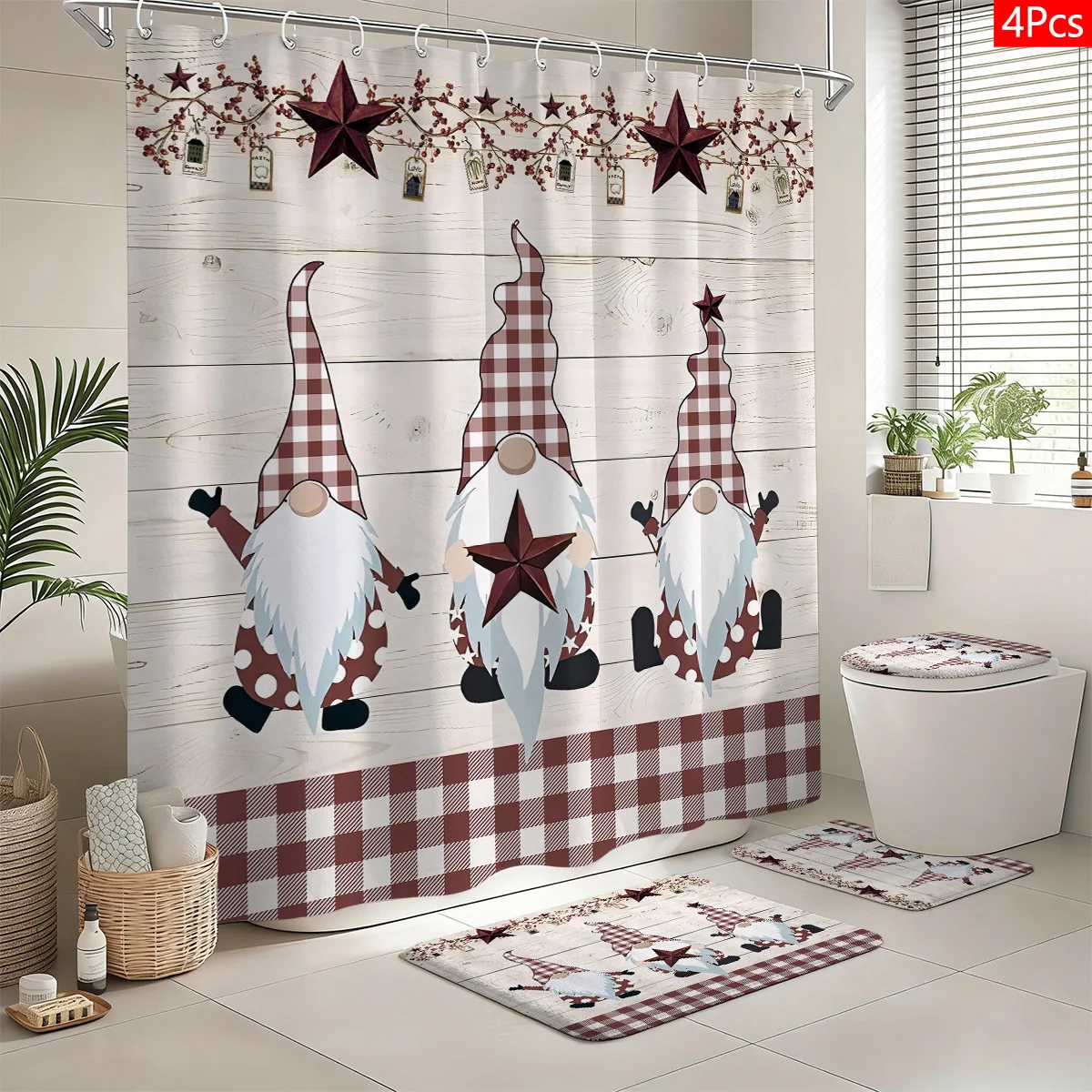 4pcs Bathroom Set Rustic Gnome Star Prints, American Country Style Decor, Shower Curtain & Mat Set, 12 Hooks, Easy Install, Warm Rustic Style, Perfect Daily Gift