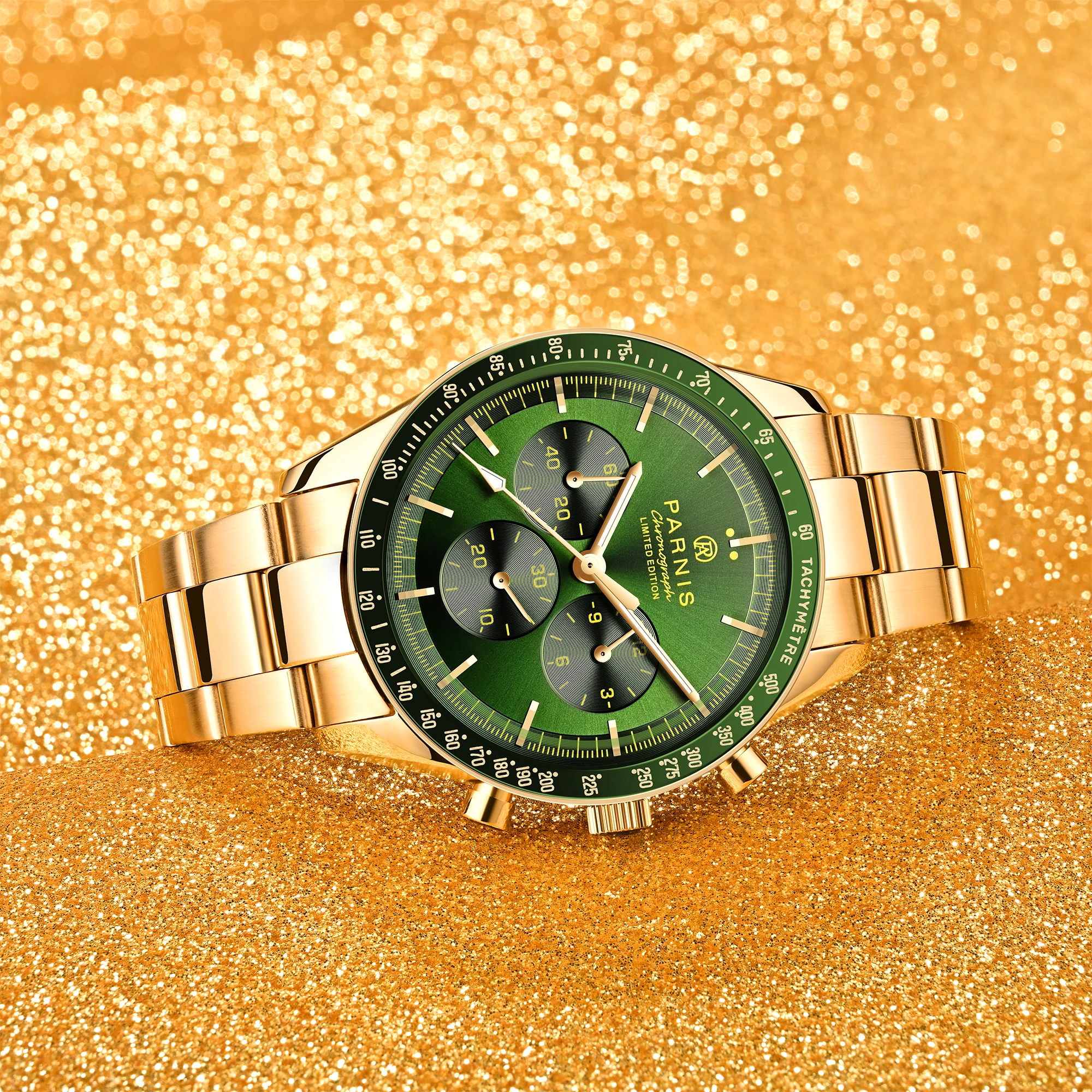 New Fashion Parnis 40mm Green Dial Men Quartz Watch Chronograph Stainless Steel Bracelet Men\'s Sports Watches Male Clock 2024