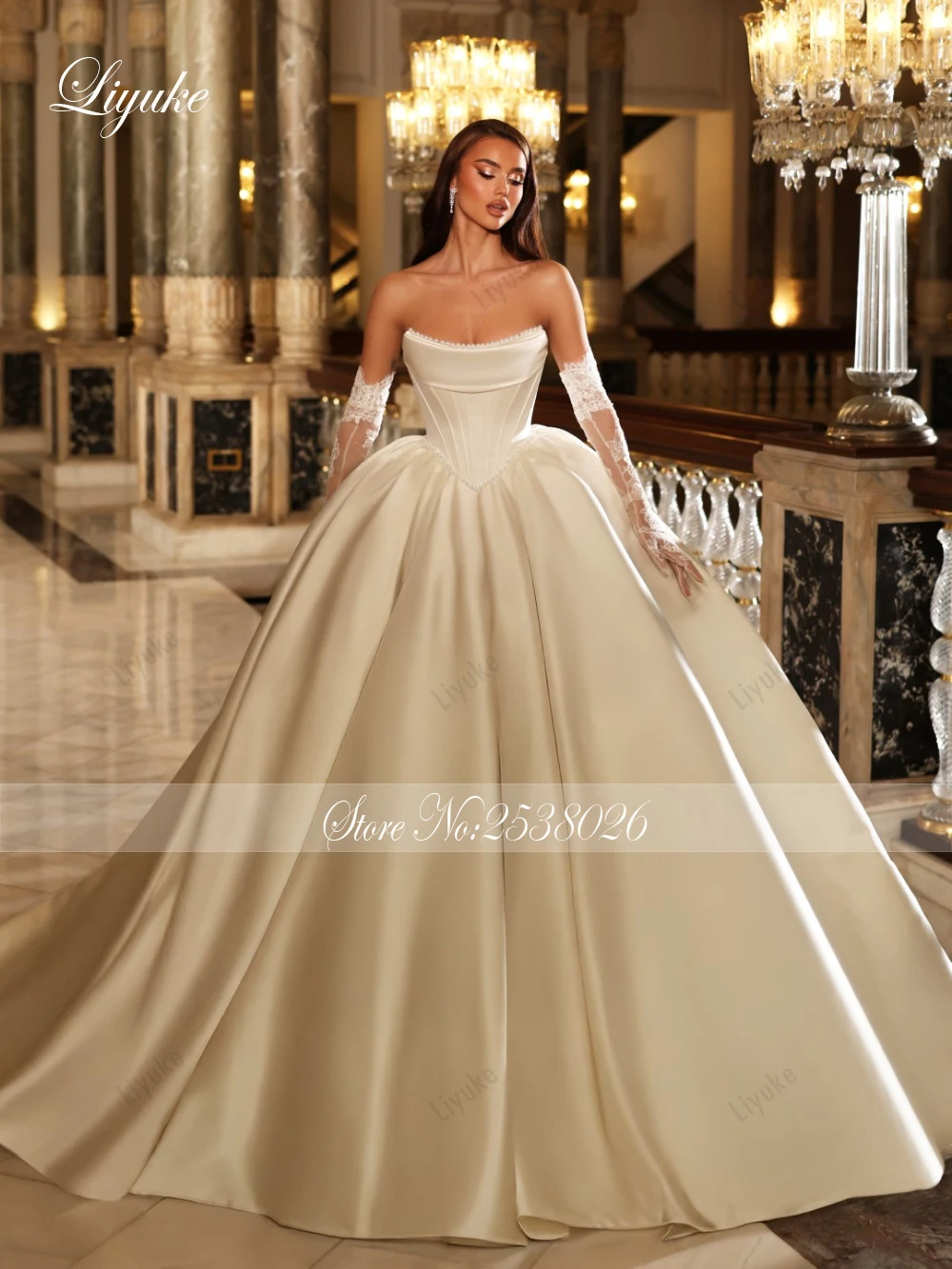 Liyuke Custom Made Satin Puffy Ball Gown Wedding Dresses With Removable Train Beading Pearls Boat  Neck Bridal Dress